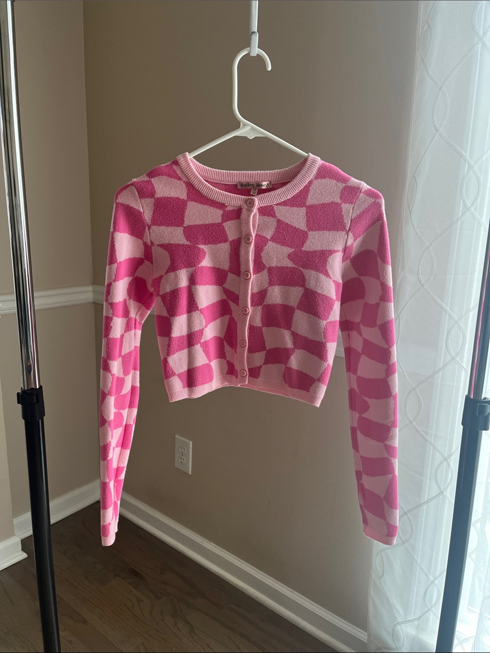 Pink Checkerboard Cropped Button Cardigan